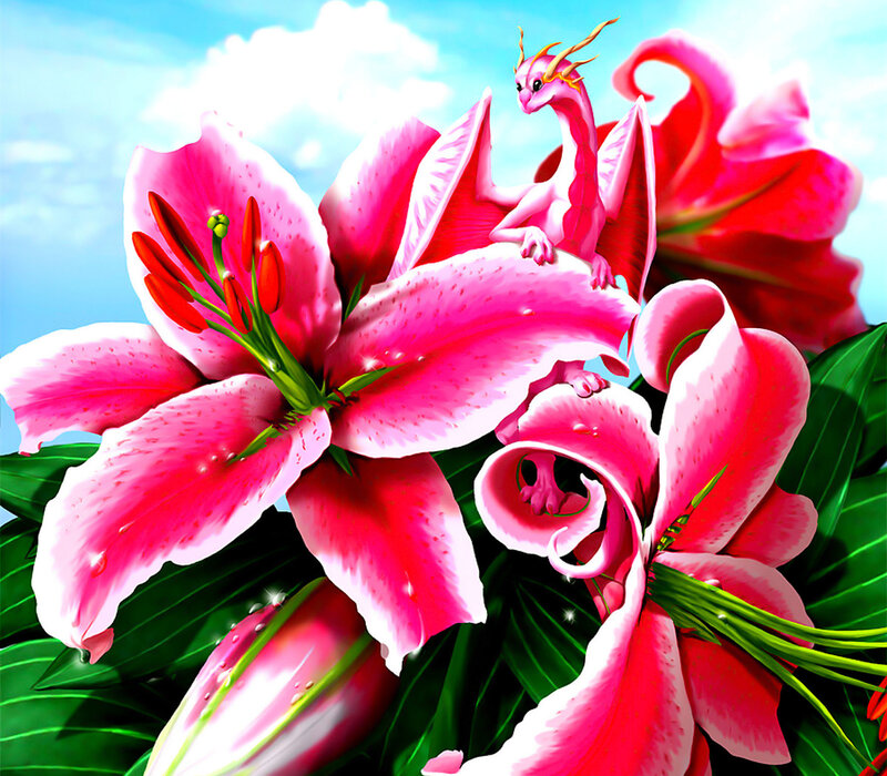 Pink Dragon on Lilies