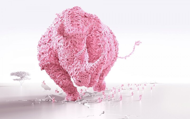 Pink Elephant Sculpture — Dreamlike, 3d Render, Small Figures