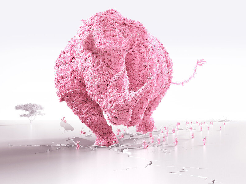 Pink Elephant Sculpture — Dreamlike, 3d Render, Small Pink Figures