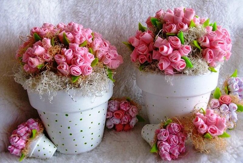 Pink Fabric Roses in Pots