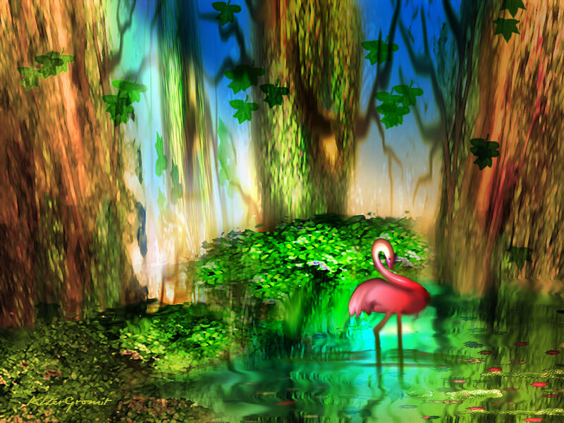Pink Flamingo in Water — Green