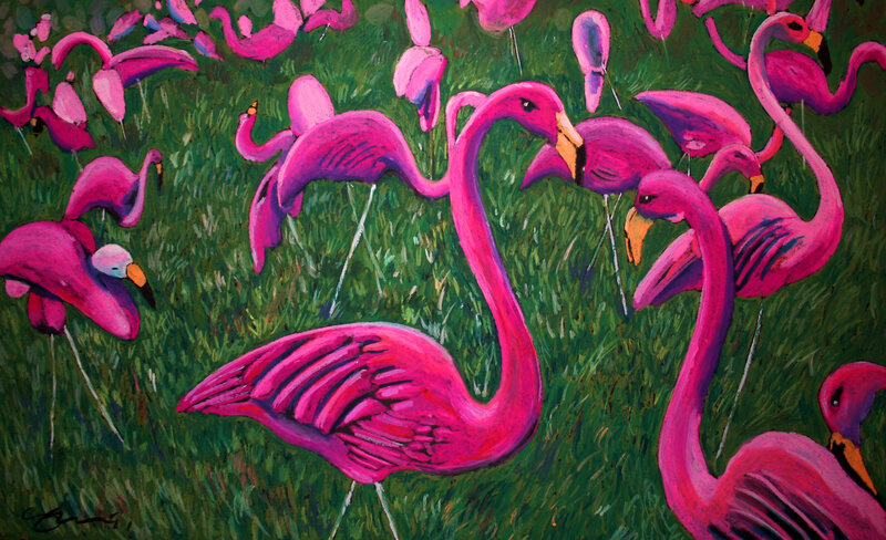 Pink Flamingos in Grass