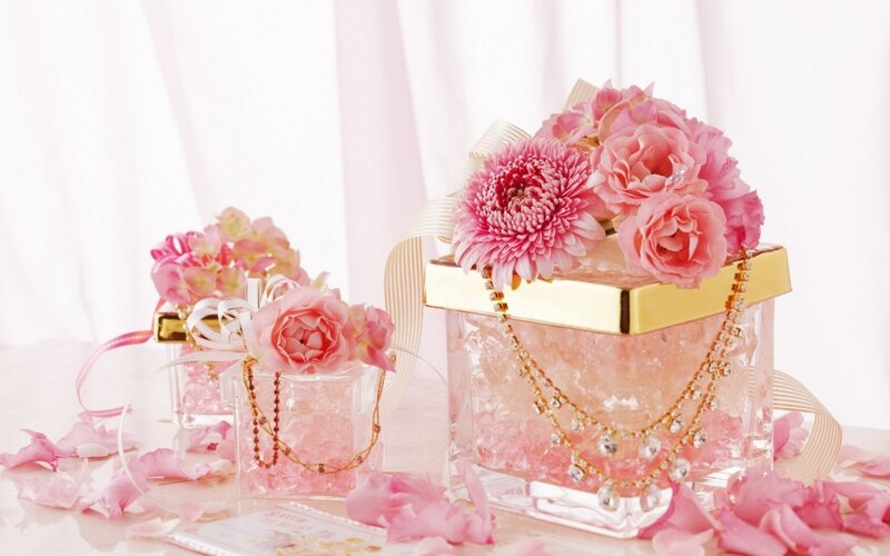 Pink Floral Gift Boxes — Elegant, Photograph, Flowers, Ribbons, Petals