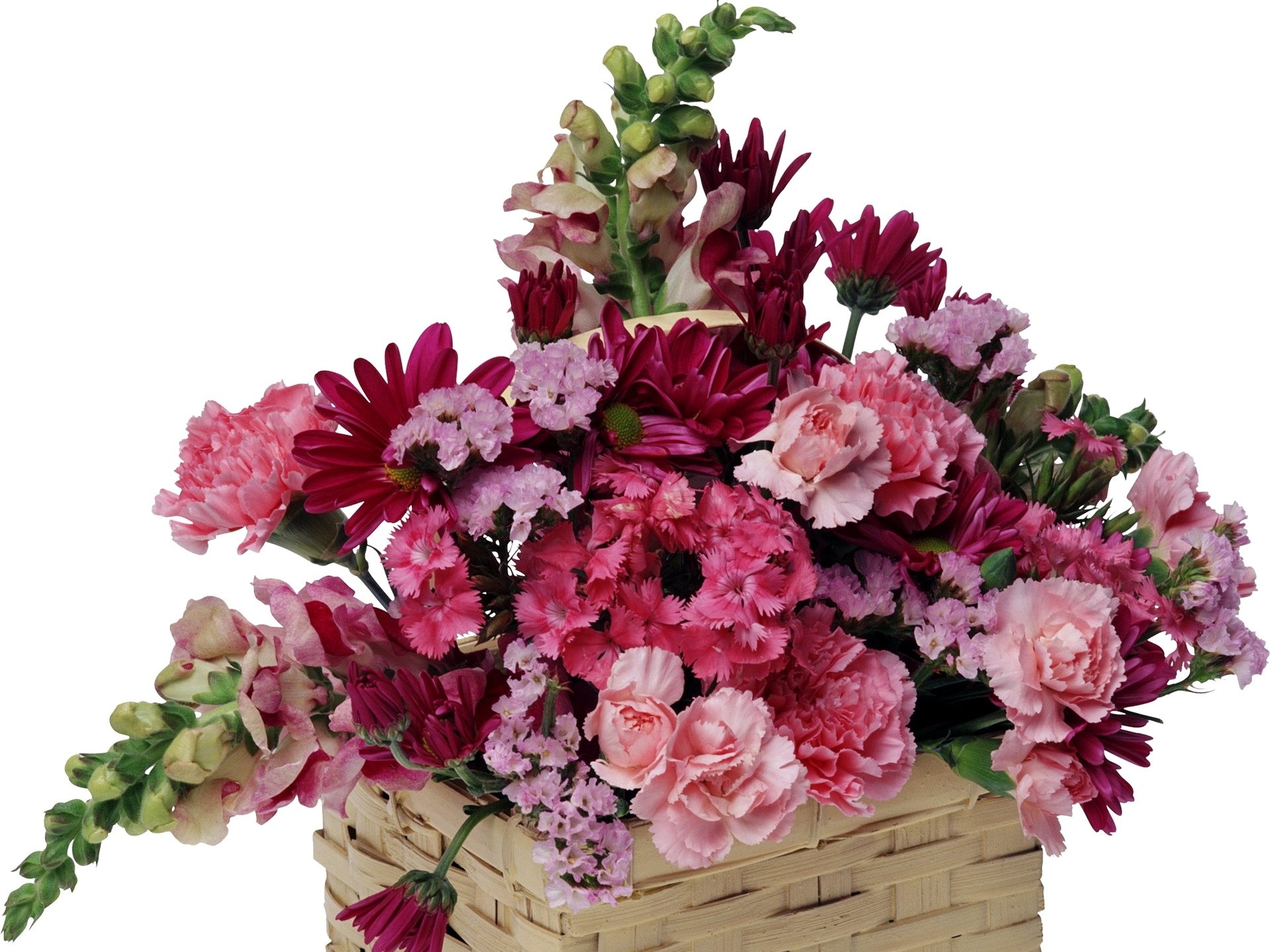 Pink flower bouquet in basket