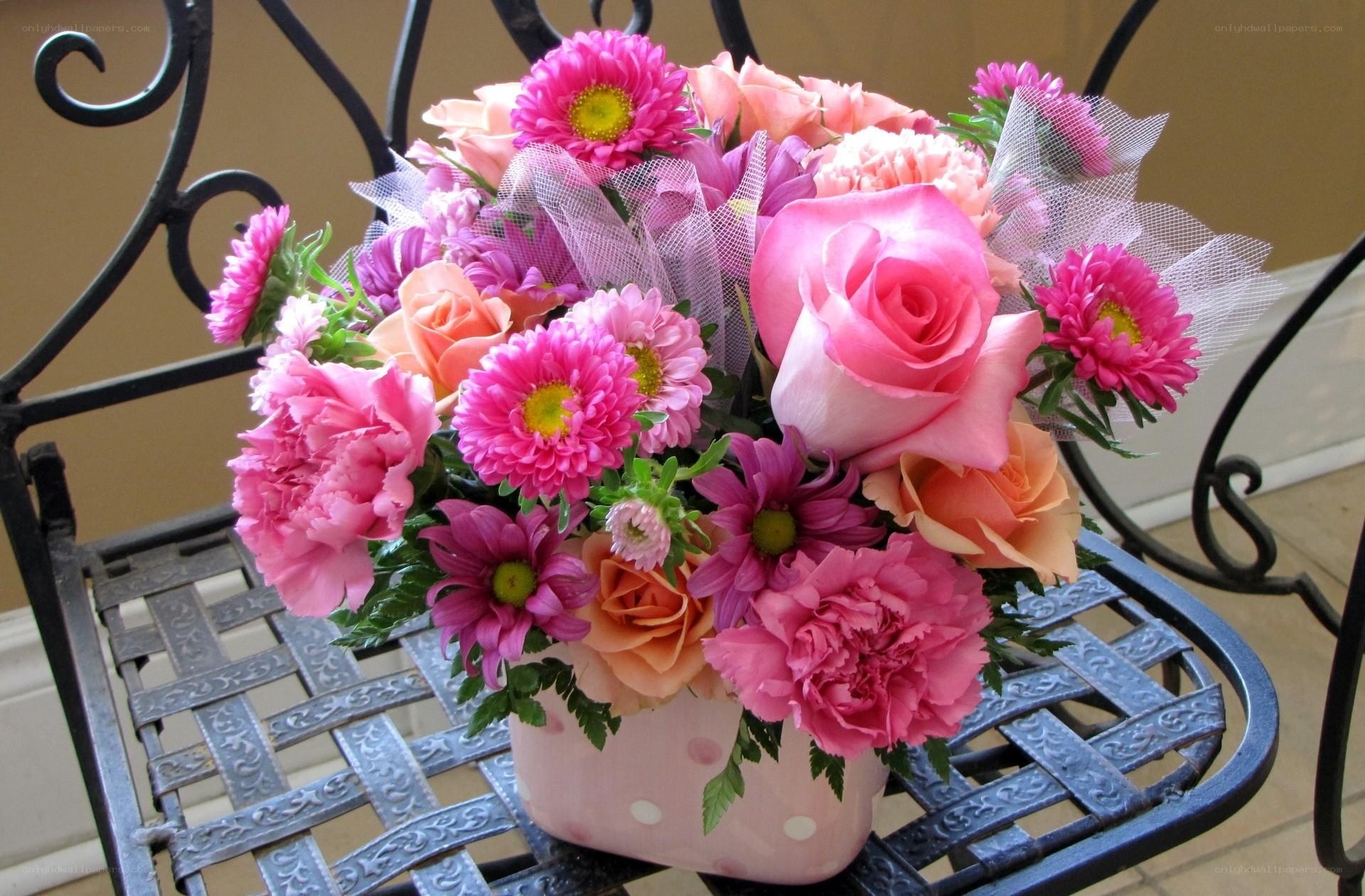 Pink flower bouquet on chair