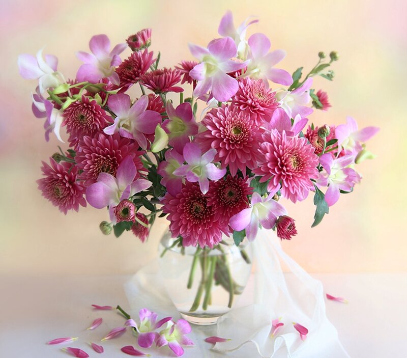 Pink Flower Bouquet — Serene, Photograph, Vase, Petals