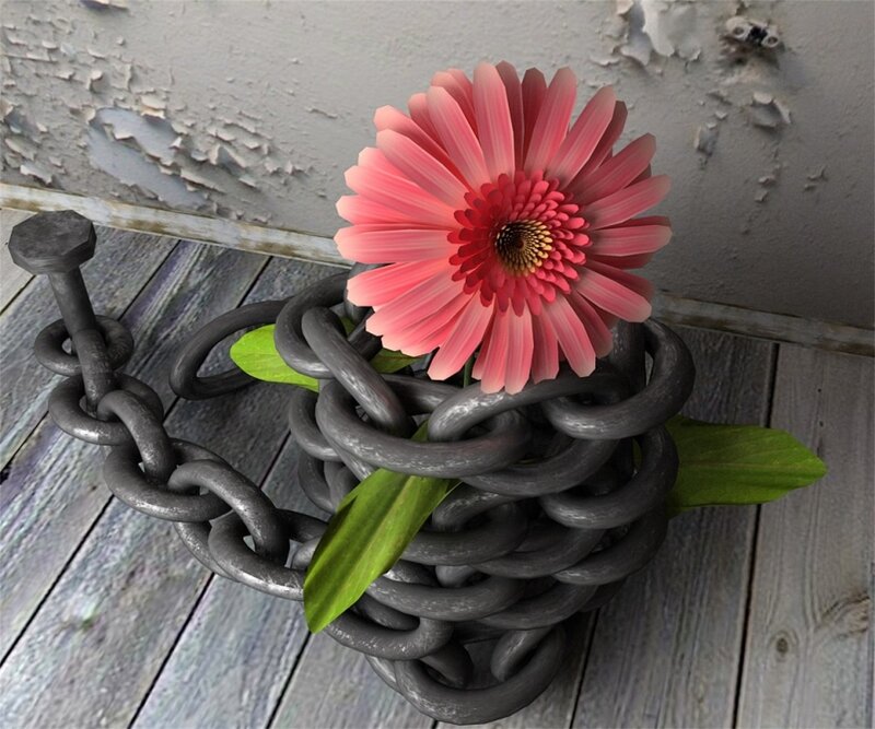 Pink Flower in Chain — Contrasting, 3d Render, Wood Floor
