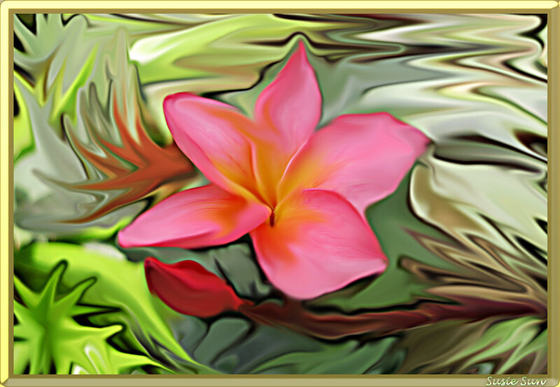 Pink flower with green leaves