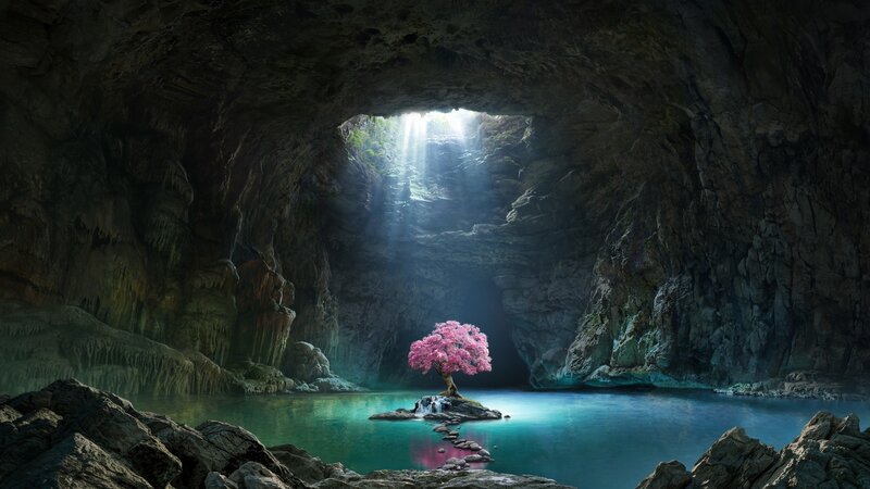 Pink-flowered Tree in Cave
