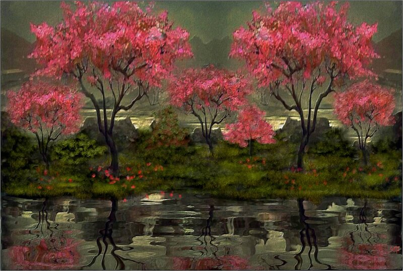 Pink-flowered Trees — Pink, Serene, Spring, Painting, River