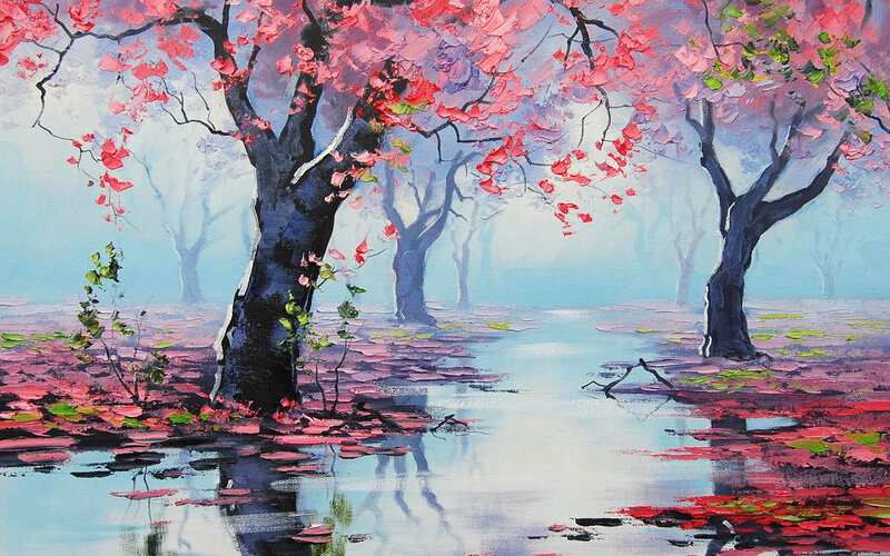Pink-flowered Trees — Pink, Serene, Spring, Painting