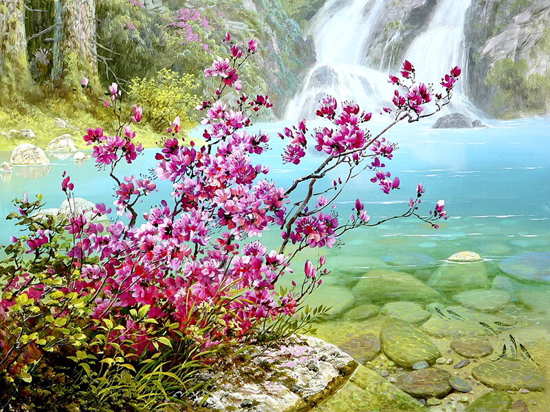 Pink Flowering Bush — Serene, Spring, Painting