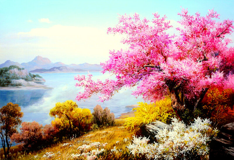 Pink Flowering Tree — Serene, Spring, Painting