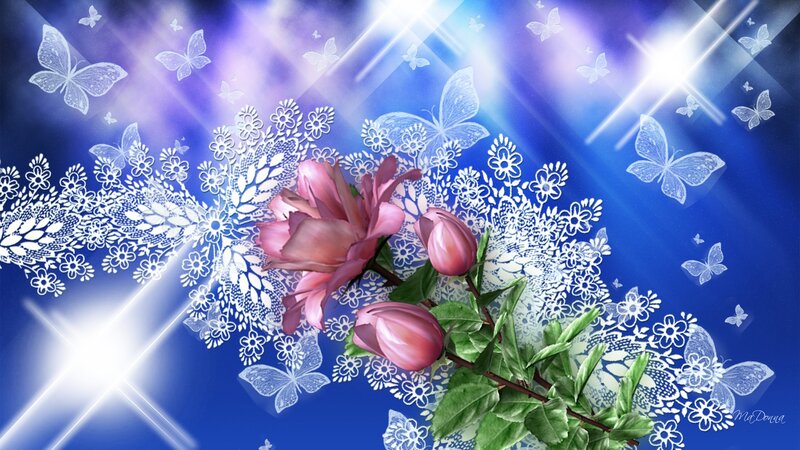 Pink Flowers and Butterflies — Blue