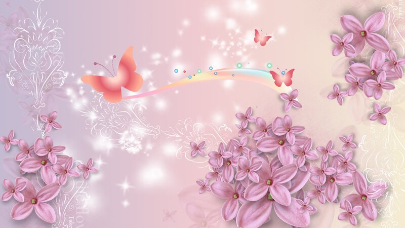 Pink Flowers and Butterflies — Dreamy, Digital Art, Sparkles