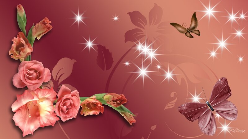 Pink Flowers and Butterflies — Red