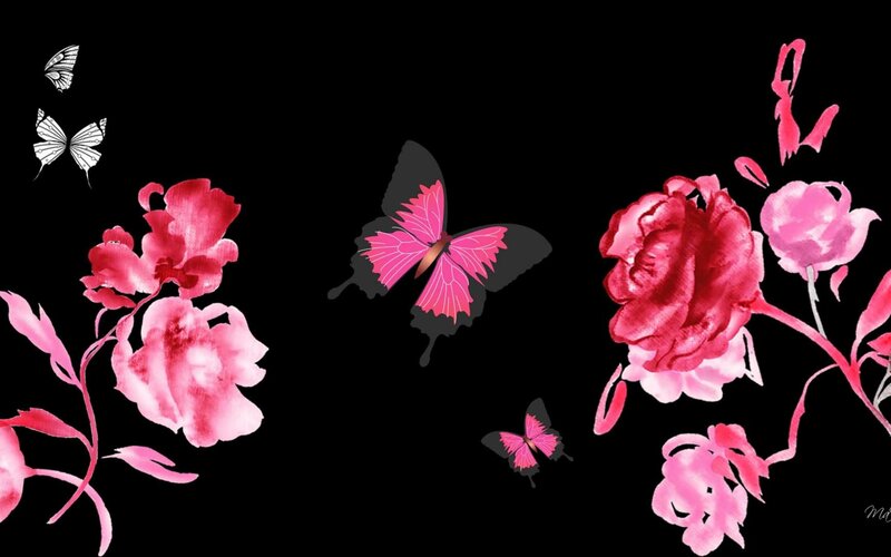 Pink Flowers and Butterflies — Serene, Digital Art, Black Background