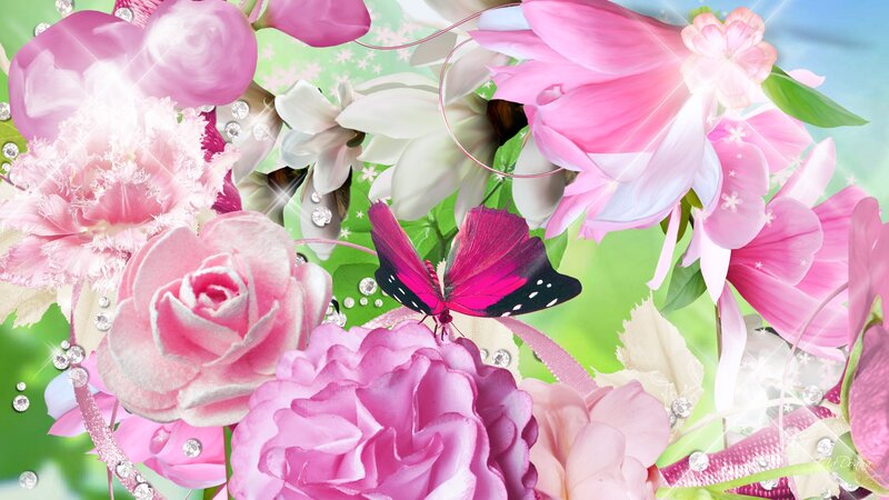 Pink Flowers and Butterfly — Bright