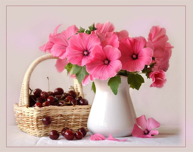 Pink Flowers and Cherries
