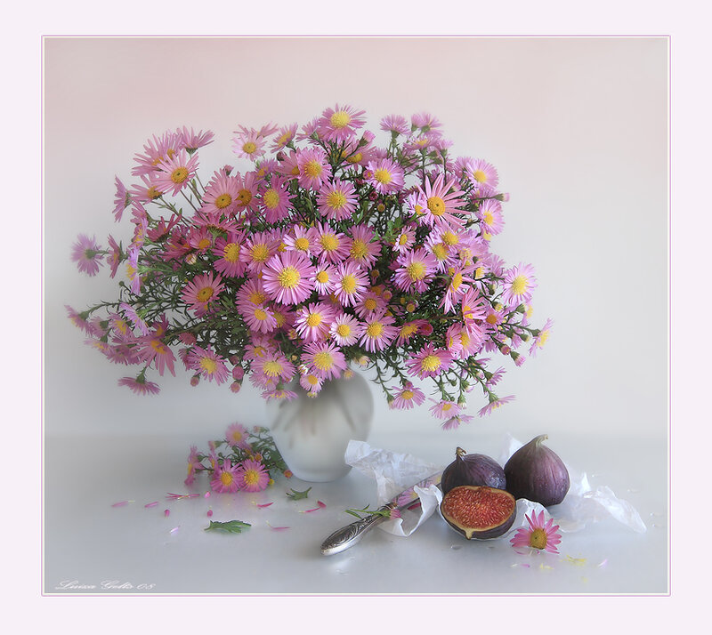 Pink flowers and figs still life