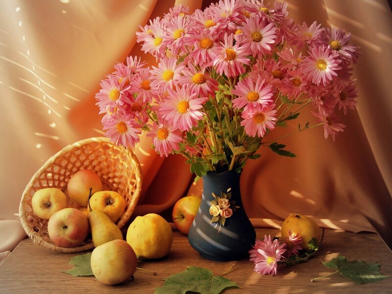 Pink flowers and fruit still life