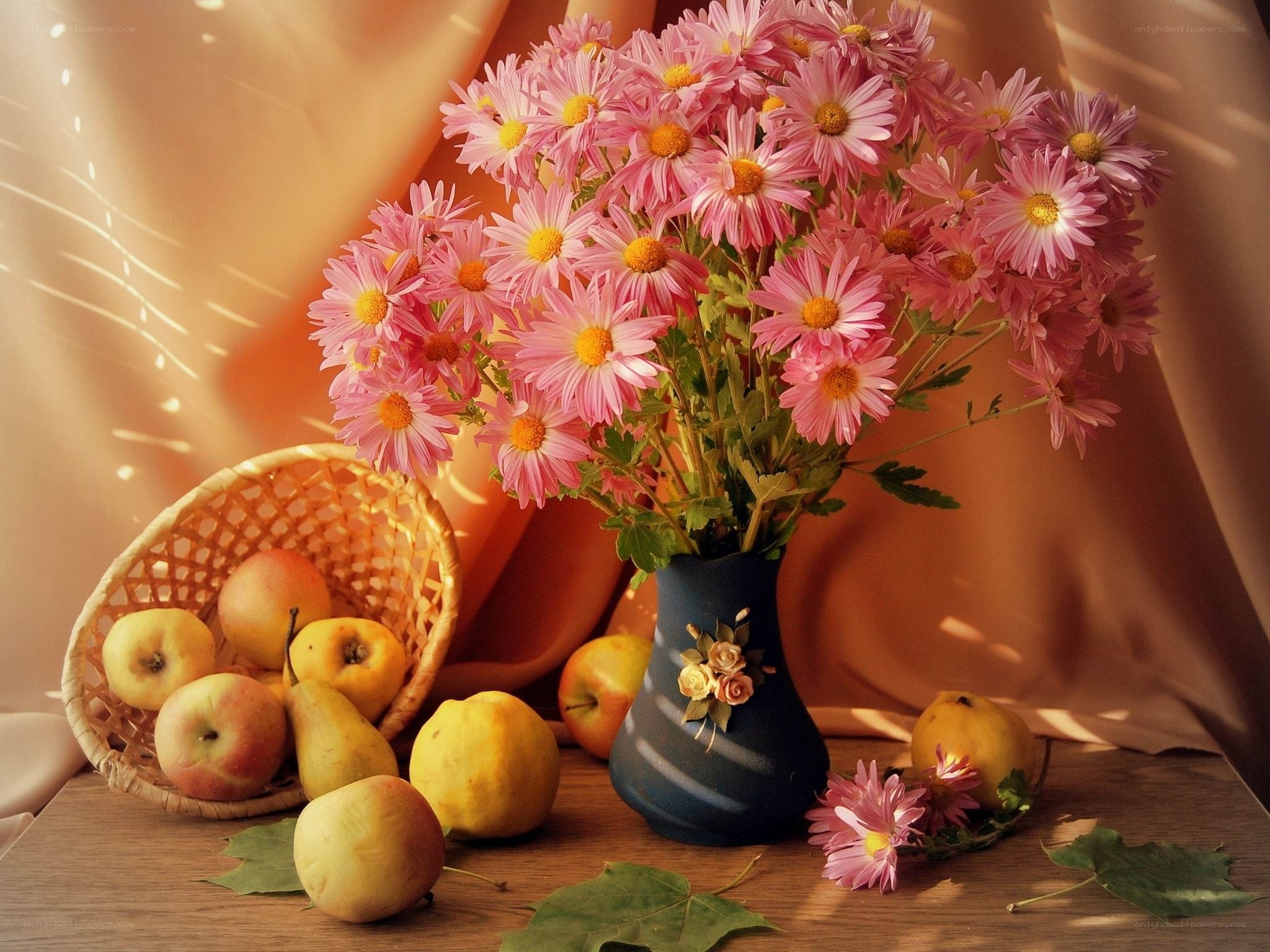 Pink flowers and fruit still life