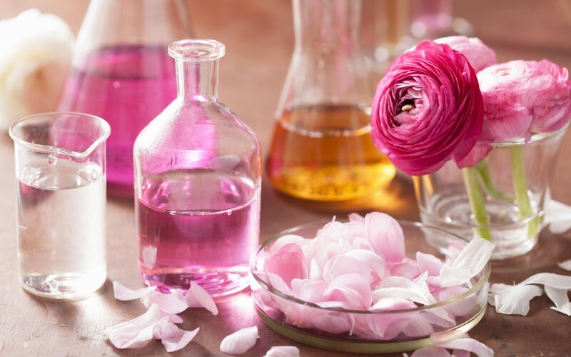 Pink Flowers and Glass Bottles — Calm, Photograph