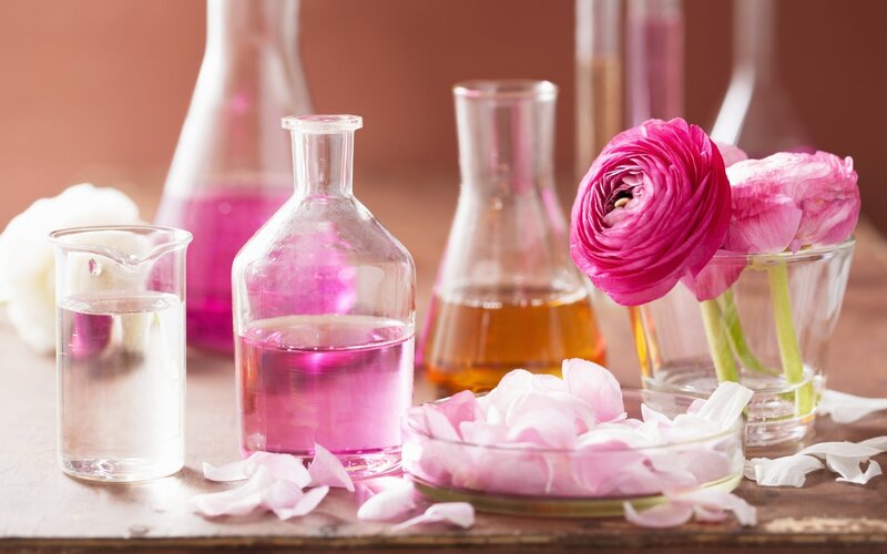 Pink Flowers and Glass Bottles — Calm