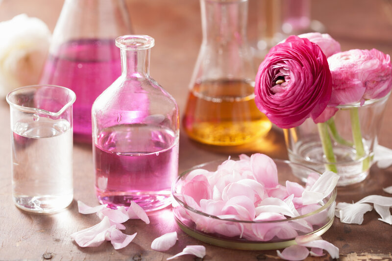 Pink Flowers and Glass Bottles