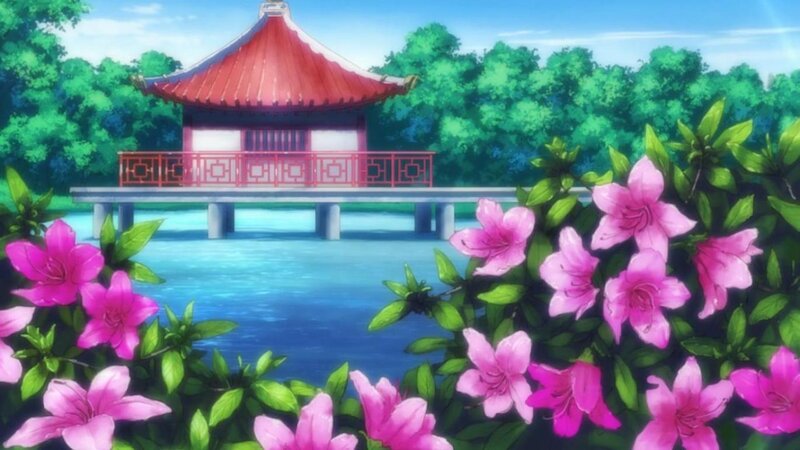 Pink Flowers and Pavilion