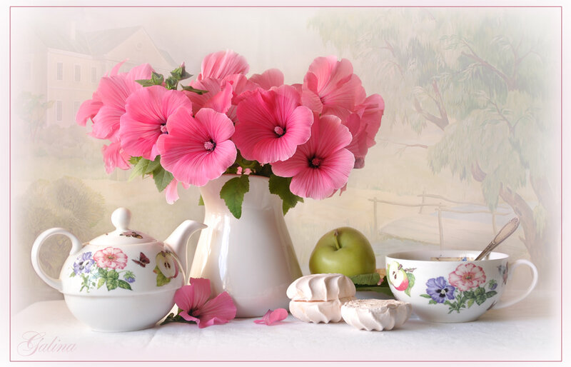 Pink Flowers and Tea Set
