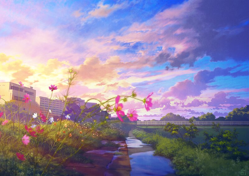 Pink Flowers by River — Purple