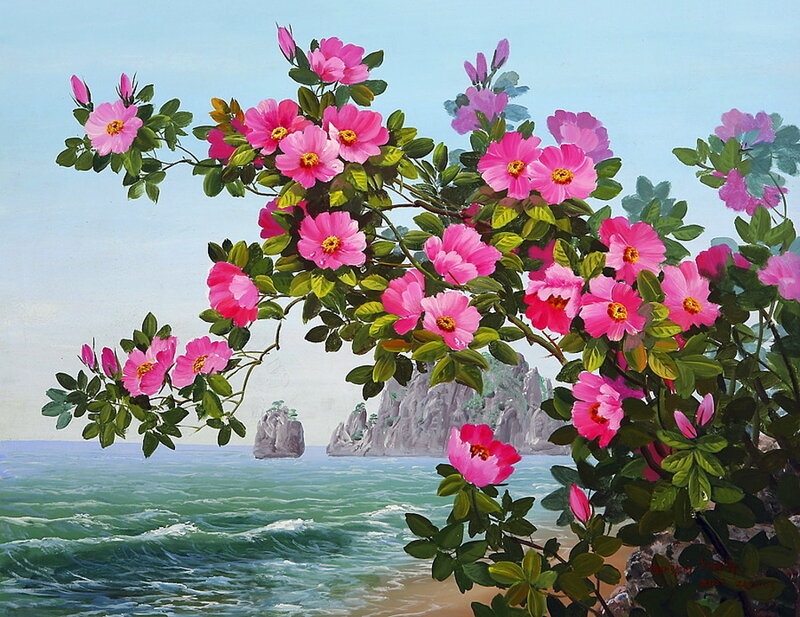 Pink Flowers by Sea — Serene, Afternoon