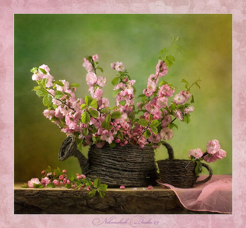 Pink flowers in a basket