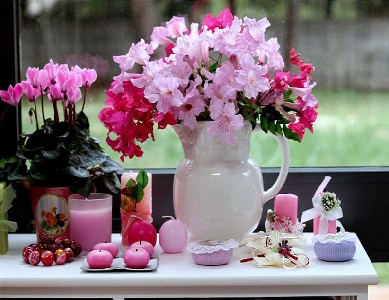 Pink Flowers in a Pitcher