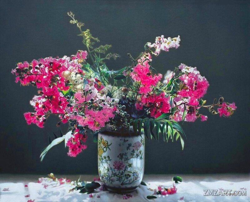 Pink Flowers in a Vase — Calm, Painting