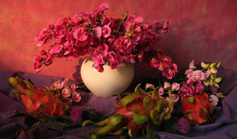 Pink Flowers in a Vase — Red