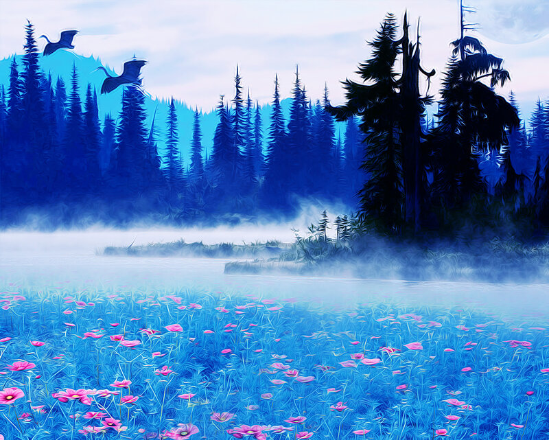 Pink Flowers in Blue Field — Serene