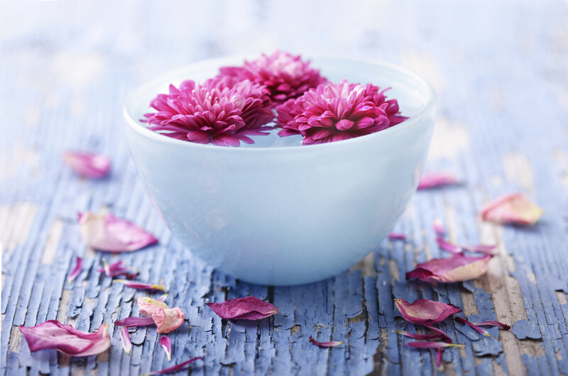 Pink Flowers in Bowl — Blue