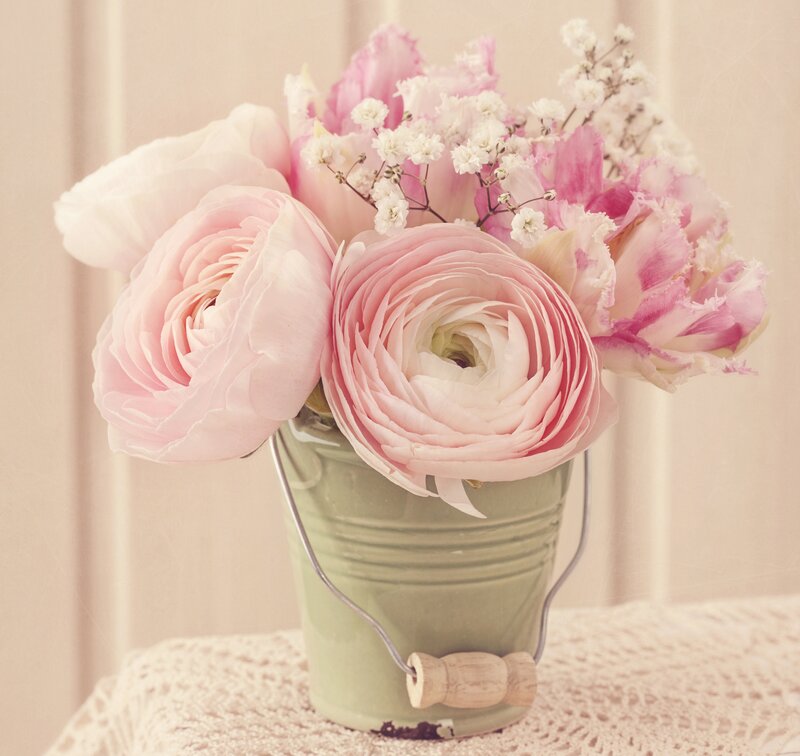 Pink Flowers in Bucket