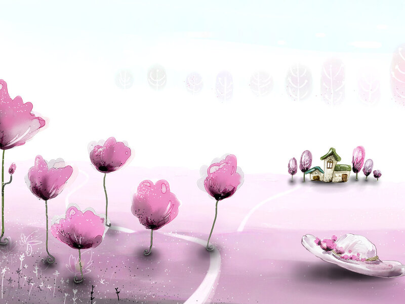 Pink Flowers in Field — Serene, Spring, Digital Art