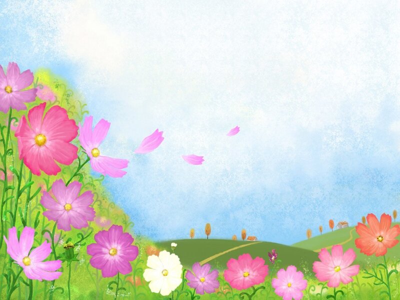 Pink Flowers in Field — Serene, Spring, Illustration, Hills