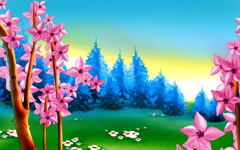 Pink Flowers in Forest — Blue, Serene