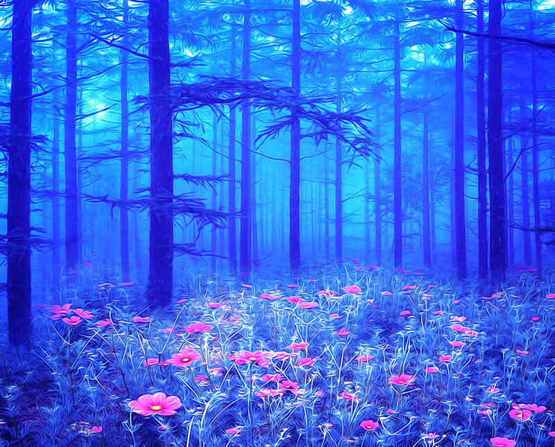 Pink Flowers in Forest — Blue