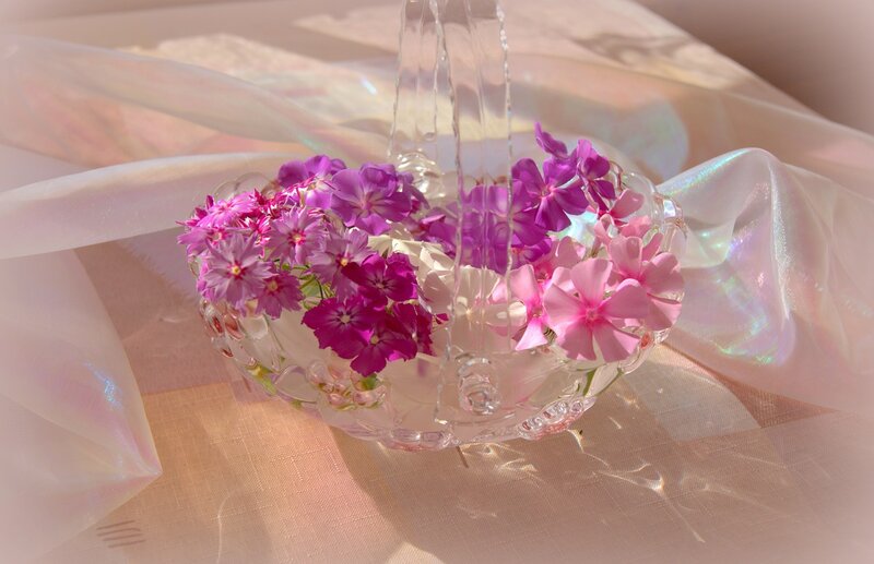 Pink Flowers in Glass Basket