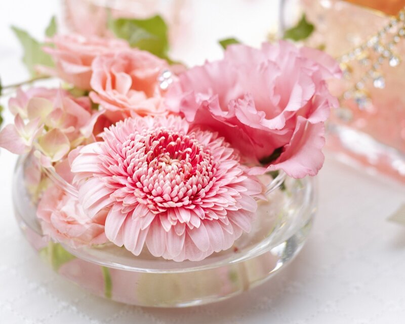 Pink Flowers in Glass Bowl