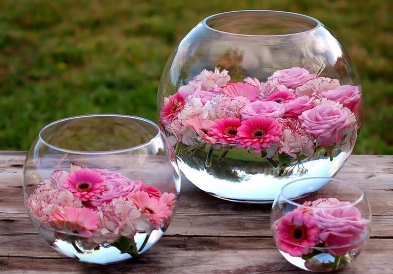 Pink Flowers in Glass Bowls