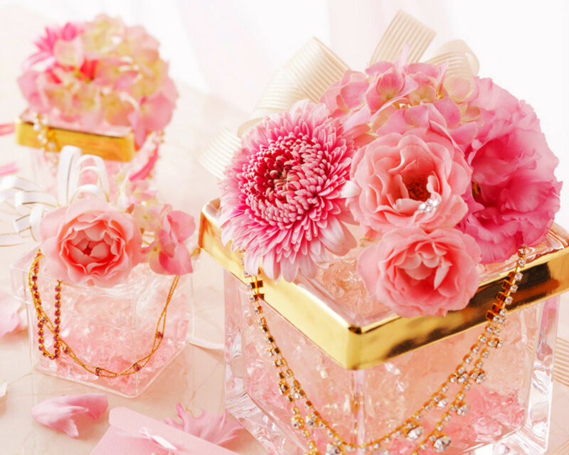Pink Flowers in Glass Box — Elegant, Photograph
