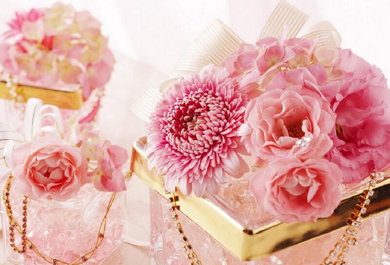 Pink Flowers in Glass Box — Elegant