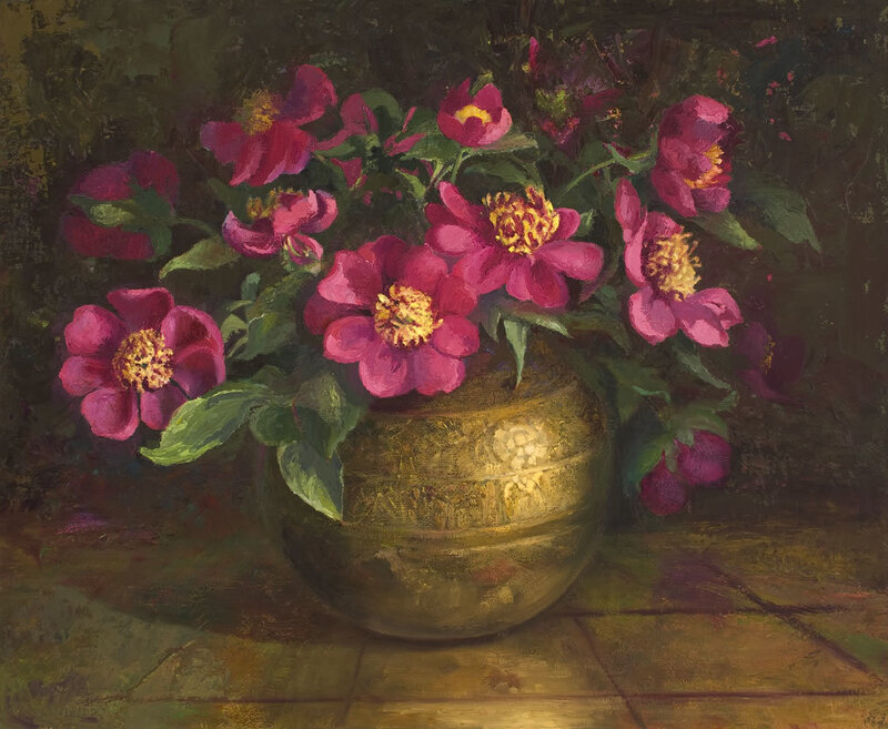 Pink Flowers in Golden Vase